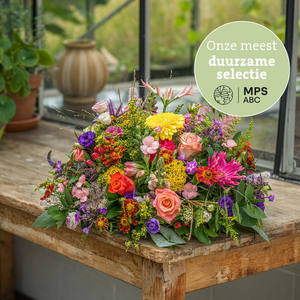 Green approved colorful funeral arrangement
